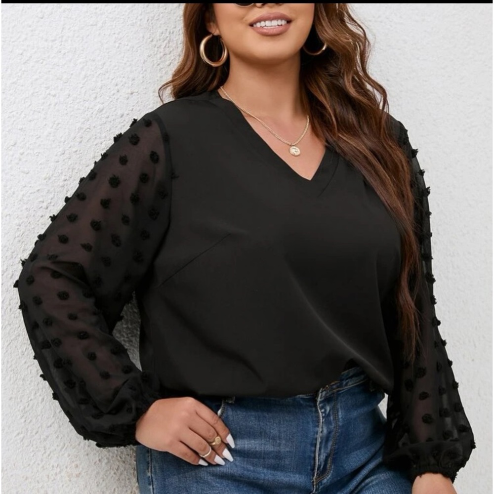 SHEIN Frenchy Plus Swiss Dot Lantern Sleeve Blouse